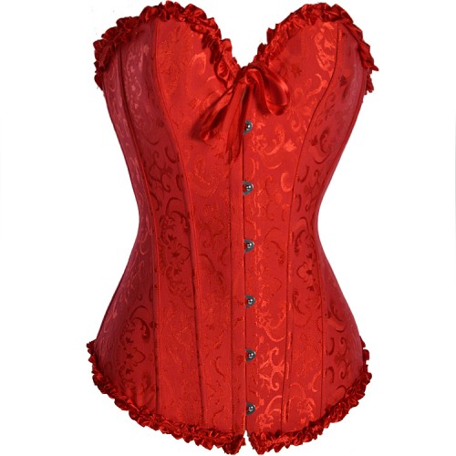 Red Floral Boned Strapless Overbust Corset with Lace up Back